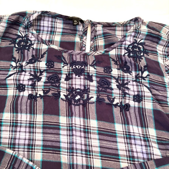Talbots top plaid scalloped trim floral embroidered blue purple. SZ M P NWOT - Picture 11 of 13